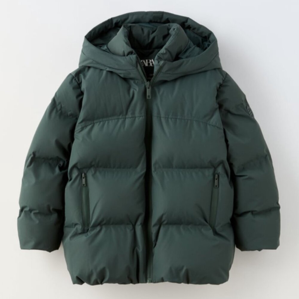 ZARA Down Green Fur Boy Puffer Coat Dark Green 4 5